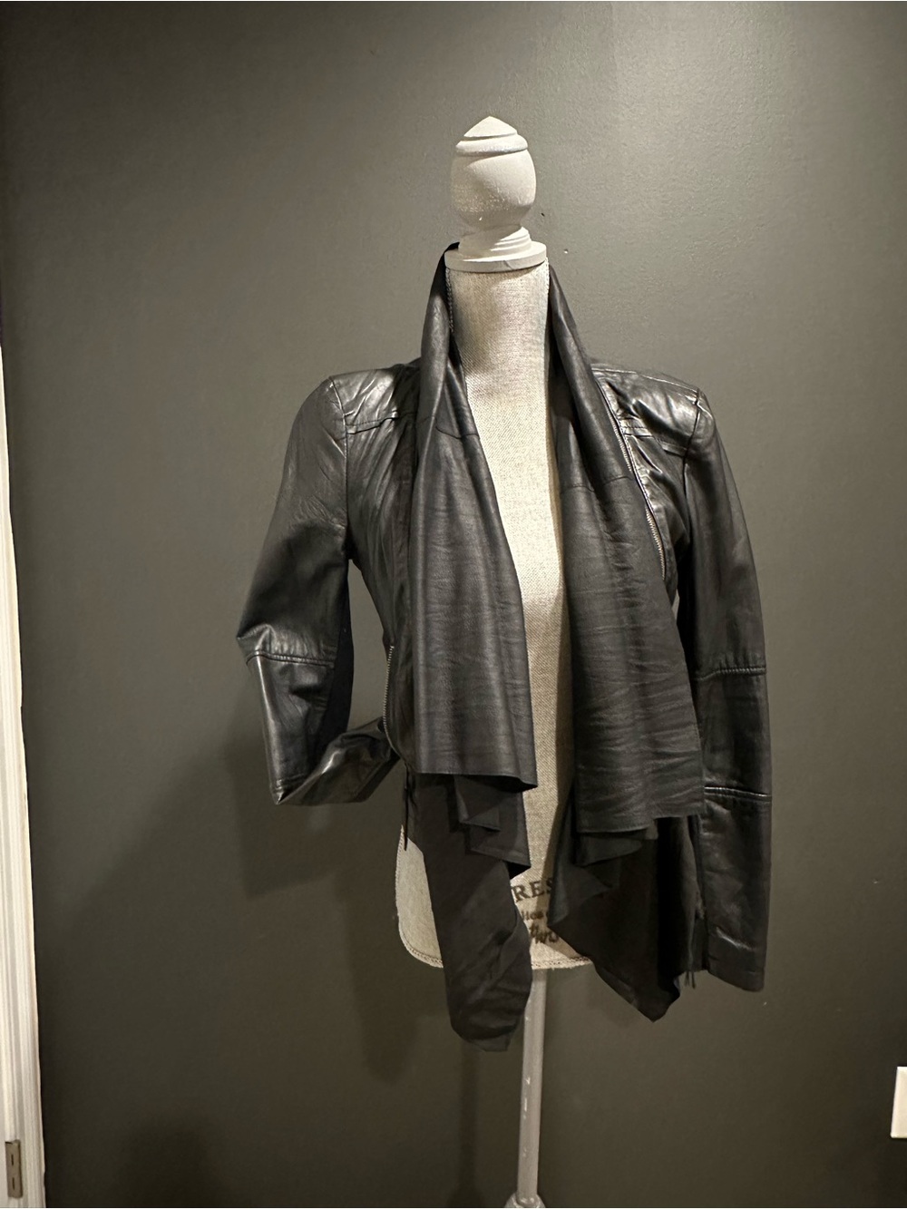 Zara Black Draped Leather Jacket with Waterfall Front